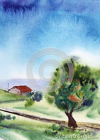 Watercolor landscape of southern suburbs with blooming trees and cozy red-roofed houses drowning in greenery. Lush vegetation, Cartoon Illustration