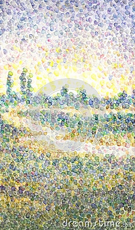Watercolor landscape in style of pointillism. River in the field Stock Photo