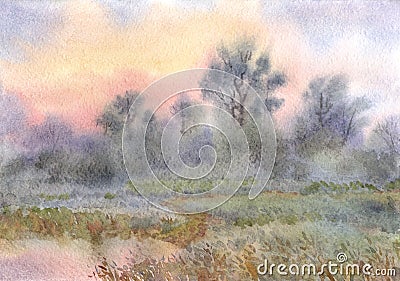 Watercolor landscape. Sunrise over the woods and meadows around Stock Photo
