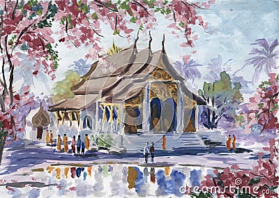 Watercolor landscape. Temple in Asia surrounded by a blooming park Stock Photo