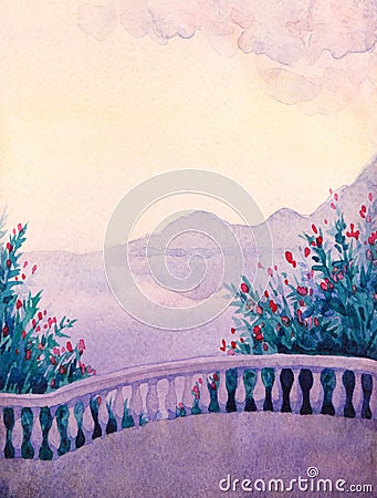 Watercolor landscape. Terrace with flowers by the sea Stock Photo