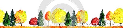 Watercolor landscape with trees Cartoon Illustration