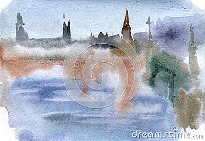 Watercolor landscape of Westminster bridge in London Cartoon Illustration