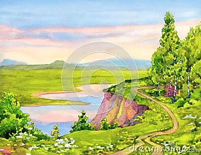 Watercolor landscape. Young birch trees on a steep bank of the lake dressed in bright spring foliage Stock Photo