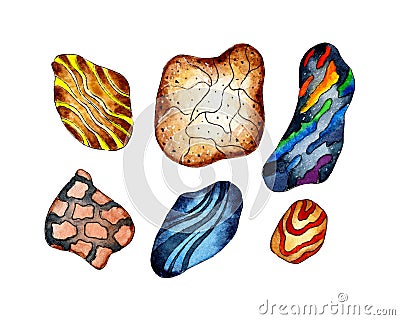 Watercolor large set of marine colorful stones. Pebbles for the aquarium Vector Illustration