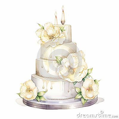 watercolor large wedding cake decorated pearl and flowers on white background generative AI Stock Photo