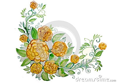 Watercolor large yellow flowers with leaves Stock Photo