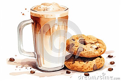 Watercolor Latte Coffee with Cookies on White Stock Photo