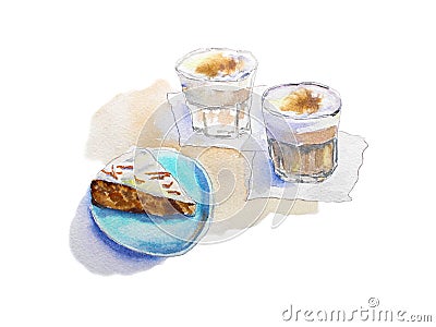 Watercolor latte macchiato and carrot cake Stock Photo