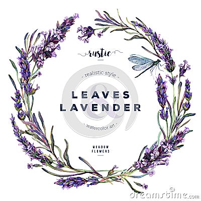 Watercolor Lavender and Dragonfly Floral Wreath Vector Illustration