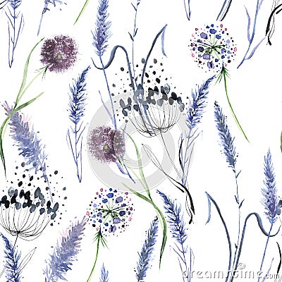 Watercolor lavender flower, grass seamless pattern in vintage hand drawn style. Elegant floral background illustration.Watercolo Cartoon Illustration