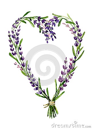 Watercolor lavender heart. Cute valentine illustration isolated on the white background. Lovely floral heart for wedding Cartoon Illustration