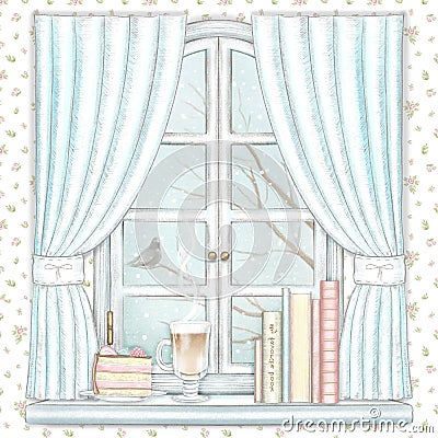 Watercolor and lead pencil graphic composition with coffee, cake and books on the window with blue curtains and winter landscape Cartoon Illustration