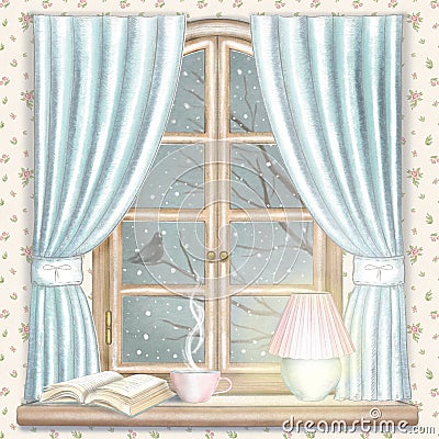 Watercolor and lead pencil graphic composition with tea, glowing lamp and book on the window with night winter landscape Cartoon Illustration