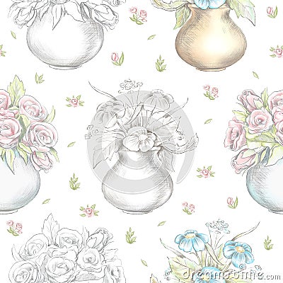 Watercolor and lead pencil graphic seamless pattern with flowers in vases Cartoon Illustration