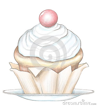 Watercolor and lead pencil sketch of cupcake on a plate Cartoon Illustration