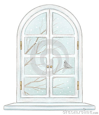 Watercolor and lead pencil window with winter landscape Cartoon Illustration