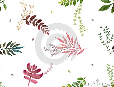 Watercolor leaf pattern color leaves seamless bakground design white colored Stock Photo