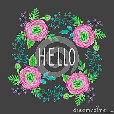 Watercolor Leaf and Roses round frame. Vector illustration of hand drawn natural wreath for invitation cards, save the date Vector Illustration