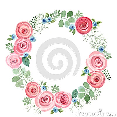 Watercolor Leaf and Roses round frame. Vector Illustration