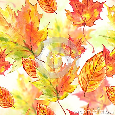 Watercolor leaves seamless autumn background Stock Photo