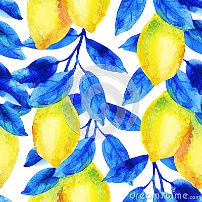 Watercolor lemon fruit branch with bright blue leaves seamless pattern. Cartoon Illustration