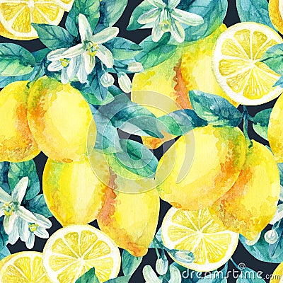 Watercolor lemon fruit branch with leaves seamless pattern Cartoon Illustration