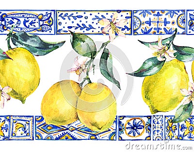 Watercolor lemon ornament seamless border Stock Photo