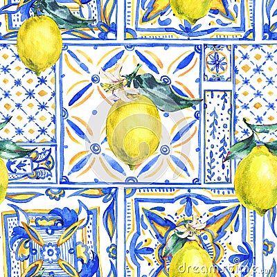 Watercolor lemon ornament seamless pattern Stock Photo