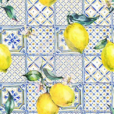 Watercolor lemon seamless pattern, Vintage summer wallpaper Stock Photo