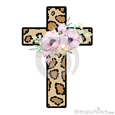 Watercolor Leopard Easter floral cross clipart on a white background Stock Photo