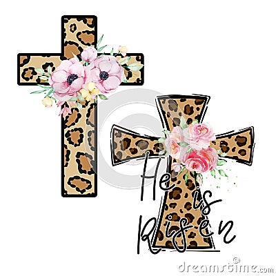 Watercolor Leopard Easter two floral cross clipart on a white background Stock Photo
