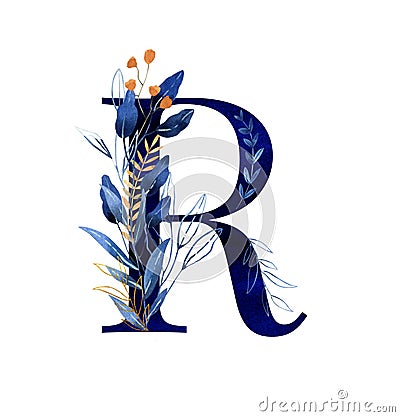 Watercolor letter r - hand painted floral monogram, logo in deep blue shades Stock Photo