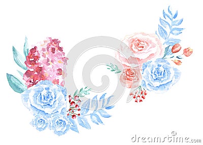 Watercolor light-blue gentle compositions of flowers hand drawn on white background Stock Photo
