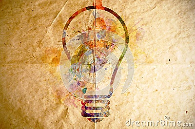 Watercolor light bulb, old paper background Stock Photo