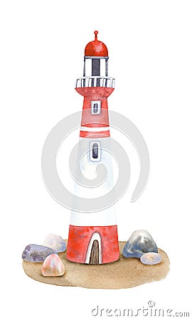 Watercolor lighthouse surrounded by stones. Cartoon Illustration