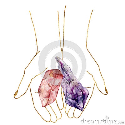 Watercolor linear card of hands and gemstones. Hand painted abstract composition of quartz, amethyst isolated on white Cartoon Illustration