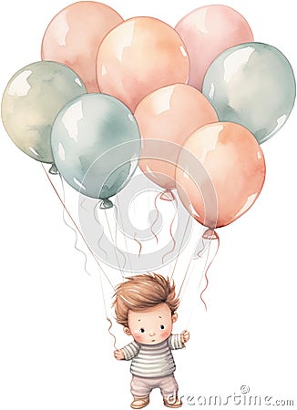 Watercolor Little Baby Floating with Balloons Nursery Happy kid outdoor Birthday Invitation Girl Boy Stock Photo