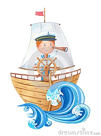Watercolor little captain at the wheel on ahoy wooden ship.Cute cartoon boy in a sailor suit looks through a telescope. Cartoon Illustration
