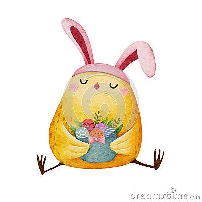 Watercolor little chicken holding Easter basket Vector Illustration