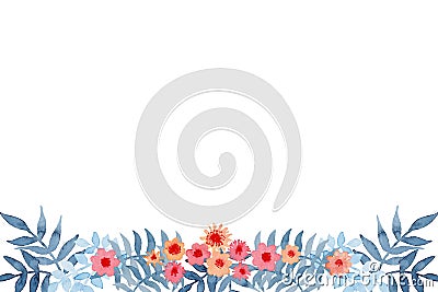 Watercolor Little Flowers And Blue Leaves Card Stock Photo