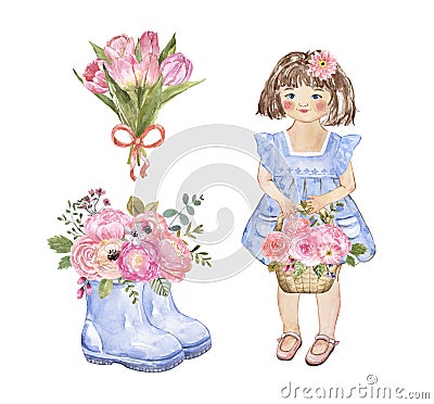 Watercolor little girl in blue dress holding floral bouquet, garden boots, pink tulip bouquet. Hand painted illustration Cartoon Illustration