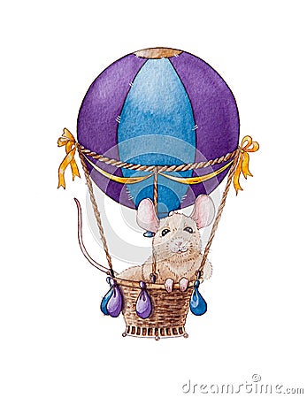 Watercolor little mouse or rat illustration travelling in air balloon. Chinese zodiac symbol of new year 2020. Cartoon Illustration