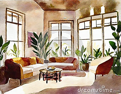 Watercolor of Living room with bohemian interior Stock Photo