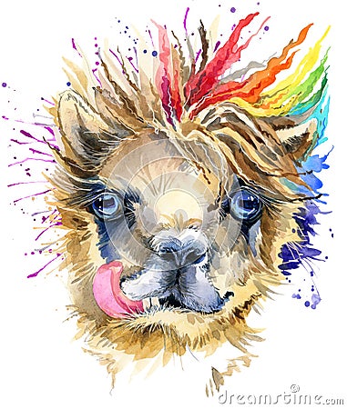 Watercolor llama illustration. fashion Tee shirt design. Cartoon Illustration