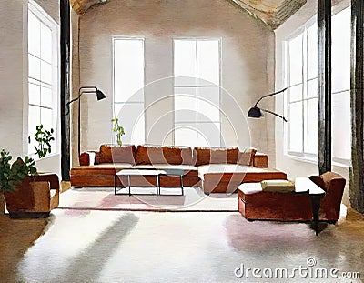 Watercolor of Loft living room with couch and Stock Photo