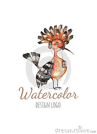 Watercolor logo template with bird hoopoe. Colorful bird in watercolor technique. Cute illustration for cards, prochures Cartoon Illustration