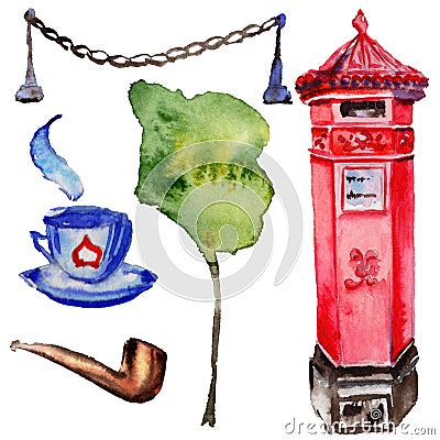 Watercolor London illustration. Great Britain hand drawn symbols. Cartoon Illustration