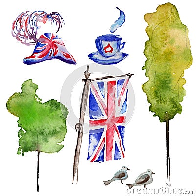 Watercolor London illustration. Great Britain hand drawn symbols. Cartoon Illustration