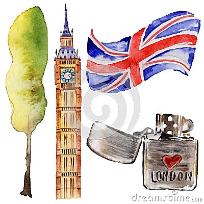 Watercolor London illustration. Great Britain hand drawn symbols. Cartoon Illustration